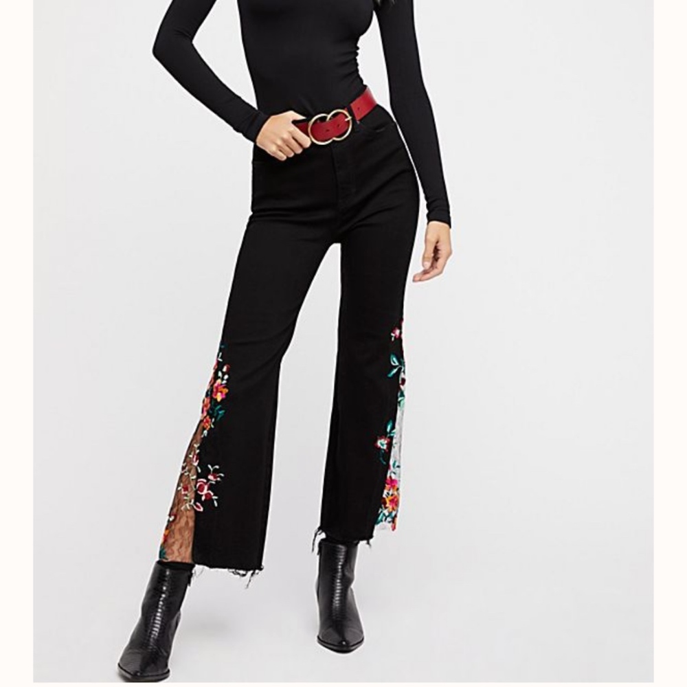 Free People High Rise Embroidered Lace Flare Sz 25